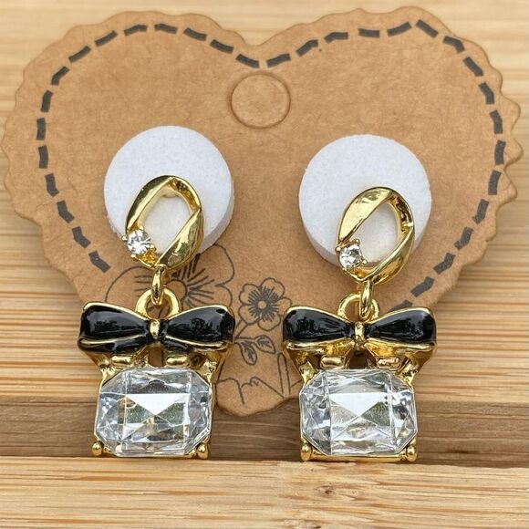 NWOT NEW Gold and Black Bow Crystal/Rhinestone Post Back Earrings - Picture 2 of 5